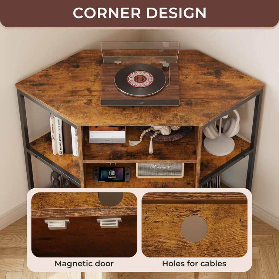 Dripex 105 x 50 x 79 cm Vintage Design TV Corner Cabinet with LED Lighting, Corner TV Unit Stand Table with 2 Doors and Shelves Entertainment Center Media Console for Living Room