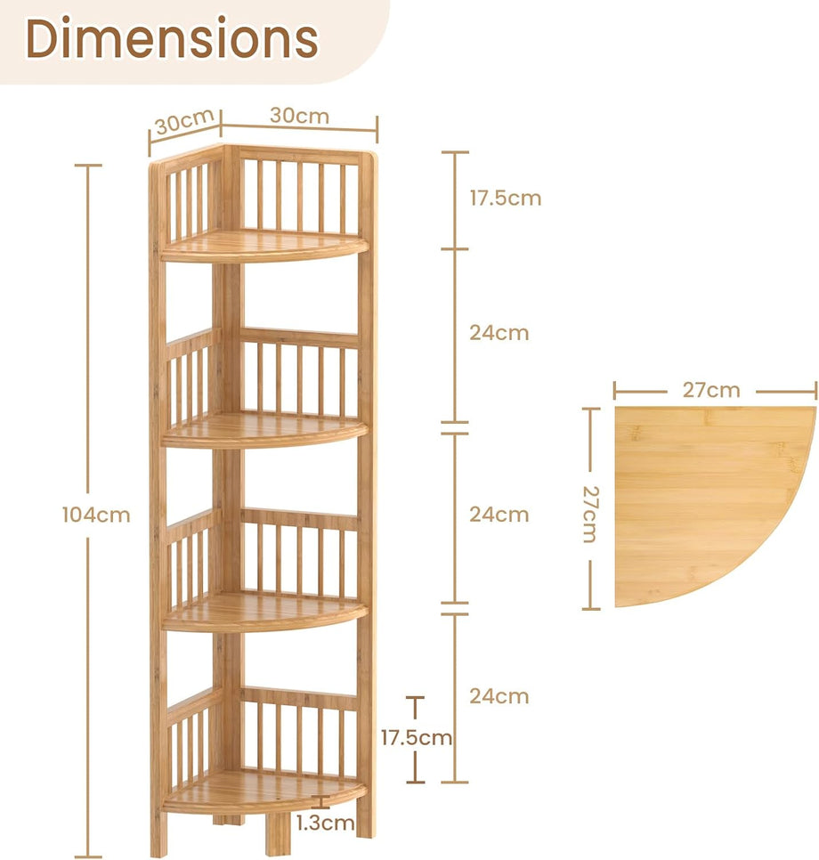 Dripex Bamboo Corner Shelf, Narrow Bookshelf for Small Space, Floor Standing Storage Display Rack for Living Room, Bedroom, Home or Office