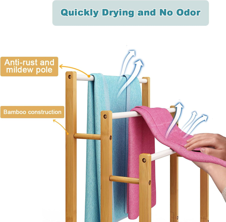 Dripex Freestanding Towel Rack, Towel Shawls Holder with Bamboo Storage Shelf, Stainless Steels Rods, Bamboo Frame, Lightweight, for Home, Bathroom (L46xW24xH66/76/86cm)/(L46xW24xH76/86/96cm)