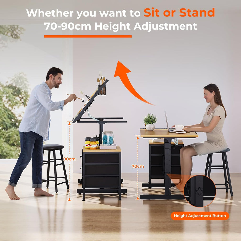 Dripex Adjustable Drafting Table, Tiltable Drawing Table with Stool, Art Craft Desk with Storage Drawers for Artwork, Computer Desk for Reading, Writing and Working at Home/Office