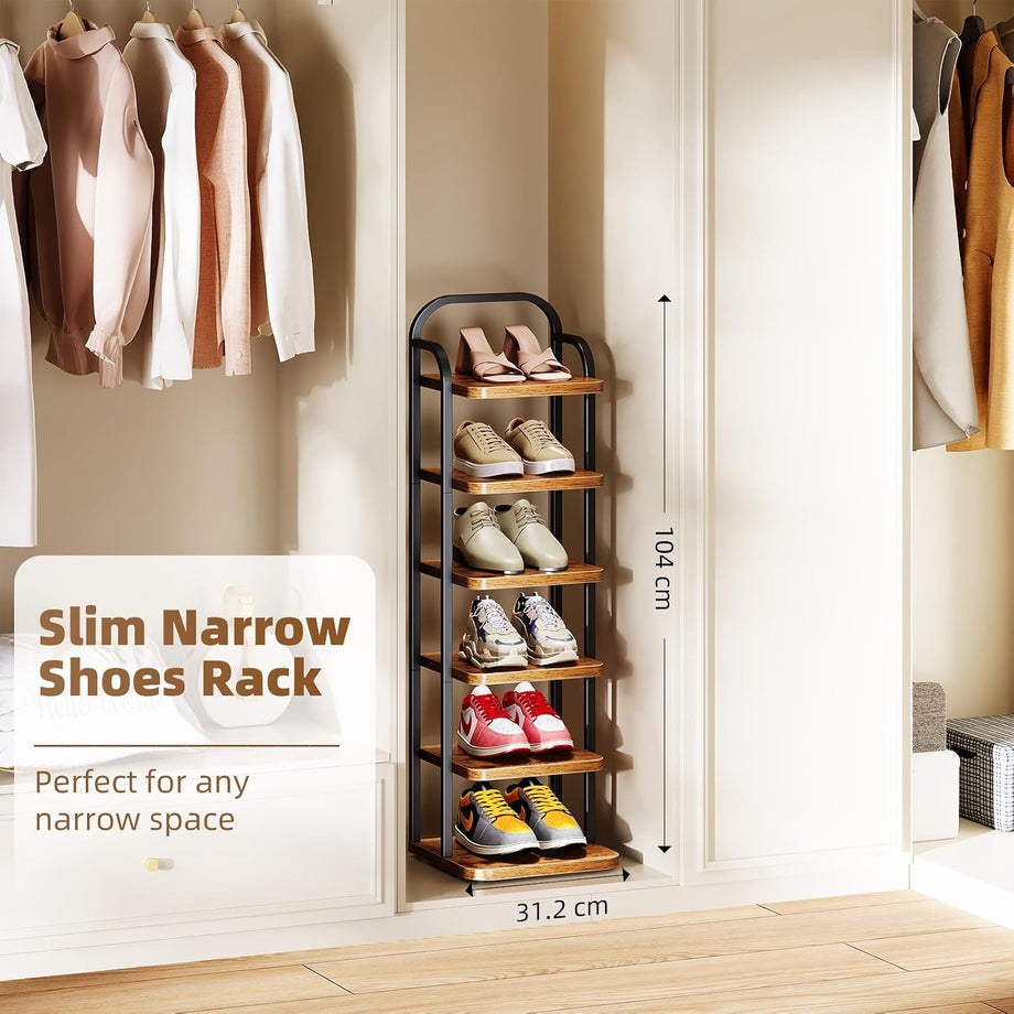 Dripex Adjustable Narrow Shoe Rack Organizer, Space Saving Vertical Tall Shoe Shelf, Sturdy Multifunctional Entryway Hallway Living Room Storage Shelf Rustic Brown