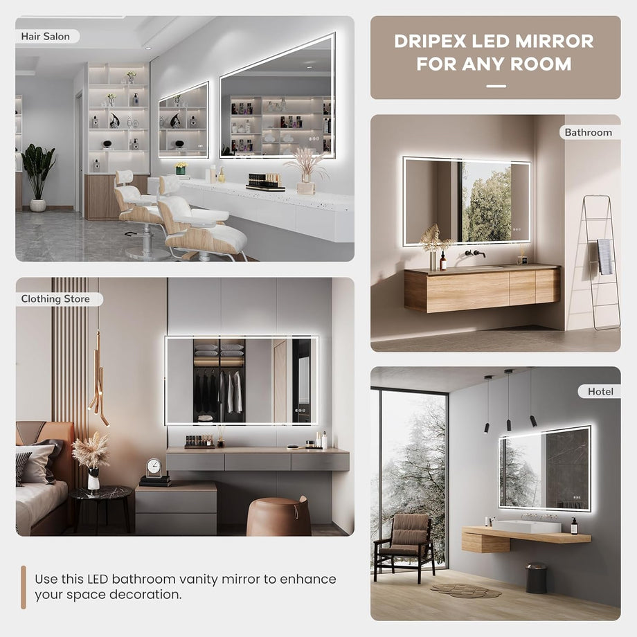 Dripex 3 Colors Bathroom Mirror with LED Lights, Illuminated Backlit Wall Mounted Vanity Mirror Dimmable Switch Demister Pad, Horizontal/Vertical [Energy Class E]