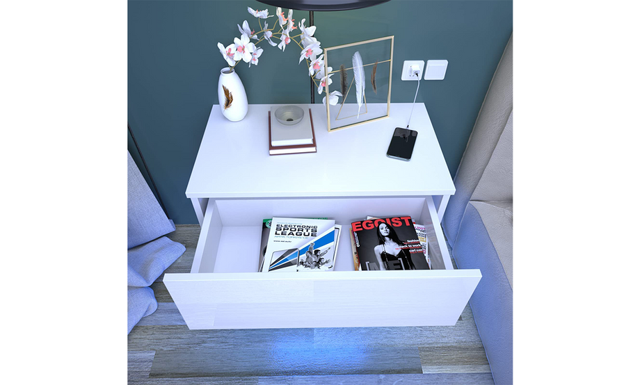 Dripex Floating Bedside Table with Drawer, Wall Mounted Bedside Cabinet with RGB LED Lights, High Gloss Cream White for Bedroom