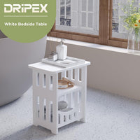 Dripex 3-Tier Side End Table with Storage Shelf Basket, White Small Bedside Table, Slim Narrow Nightstand Small Spaces for Living Room, Bedroom, Bathroom, Balcony