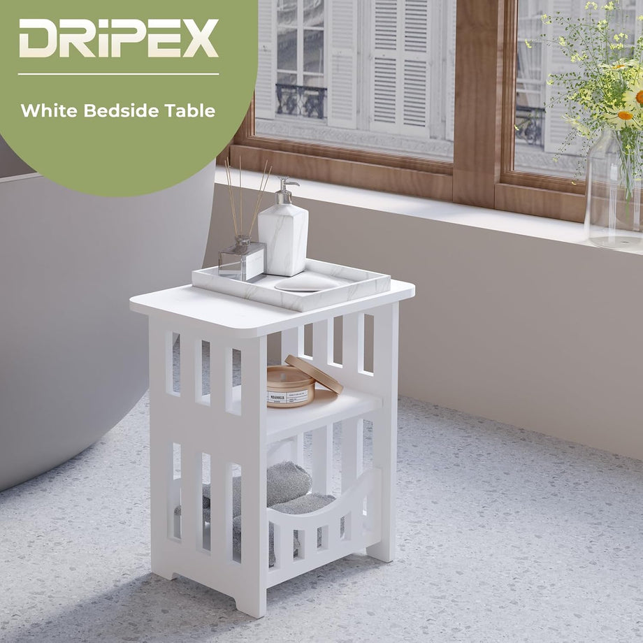 Dripex 3-Tier Side End Table with Storage Shelf Basket, White Small Bedside Table, Slim Narrow Nightstand Small Spaces for Living Room, Bedroom, Bathroom, Balcony