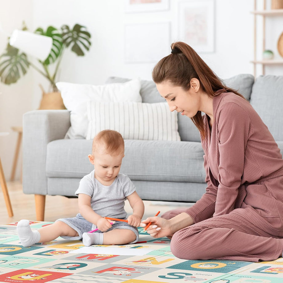 Dripex 197 × 177cm Baby Play Mat, Large Foam Crawling Playmat, Foldable Reversible Waterproof Non Toxic Portable Floor Mat with Letters and Numbers for Baby