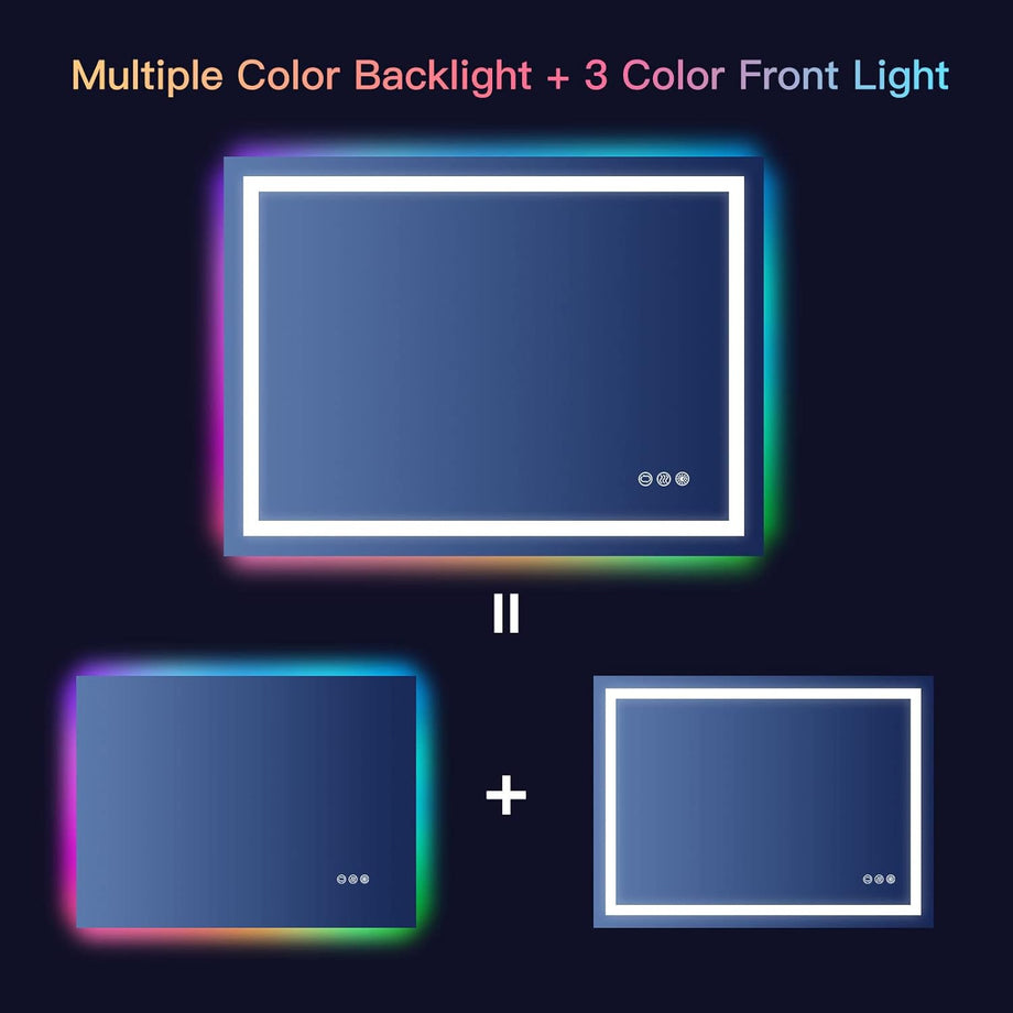 Dripex RGB Bathroom Mirror with 3 LED Lights, Illuminated Bathroom Mirrors Vanity Mirror RGB Backlit + Front Lighted, Dimmable and Demister Pad, Horizontal/Vertical