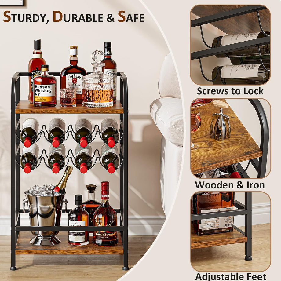 Dripex Wine Rack Free Standing Floor with Storage Shelves, 2-Tier 8 Bottles Wine Display Shelves with Wooden Table Top, Sturdy Metal Bottle Holder for Kitchen Bar Pantry (D43 x W30 x H75cm)
