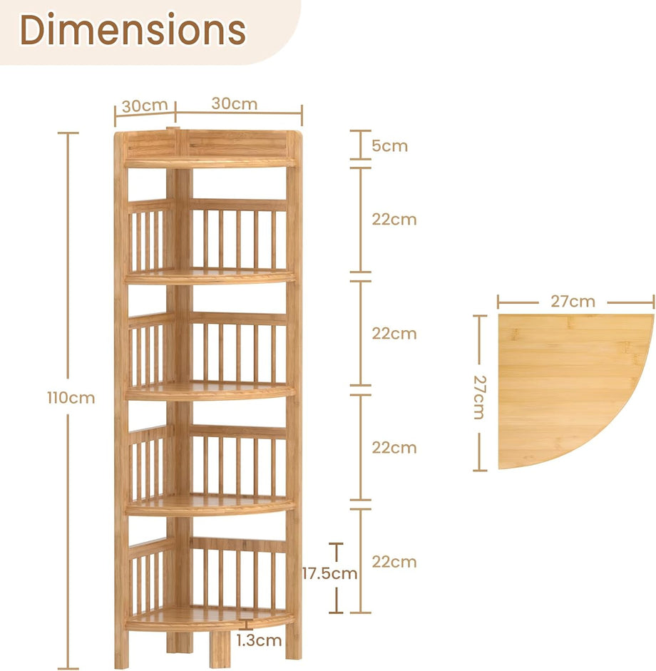 Dripex Bamboo Corner Shelf, Narrow Bookshelf for Small Space, Floor Standing Storage Display Rack for Living Room, Bedroom, Home or Office