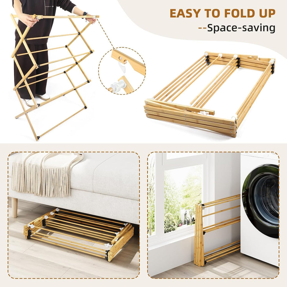Dripex Clothes Airer, Foldable Clothes Drying Rack, Bamboo Laundry Drying Rack, Freestanding Towels Hanger, Space-Saving, Tool-Free Assembly
