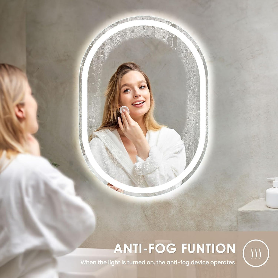 Dripex Bluetooth Oval Bathroom LED Mirror, Illuminated Backlit Wall Mounted Mirror with Demister, Anti-fog, 3 Lighting Modes, Dimming Light, IP44