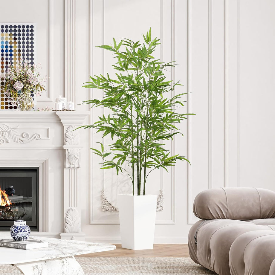 YOLEO 5FT/6FT Artificial Bamboo Tree with White Tall Planter, Lifelike Fake Silk Tree Indoor, Faux Bamboo Tall Plant for Living Room Bedroom Balcony Corner Office Deco