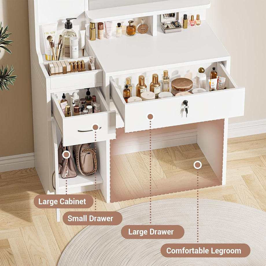 Dripex Dressing Table with Large Mirror, Bedroom Makeup Vanity Desk with Soft Stool, Vanity Desk Set with 2 Drawer, 1 Cabinets, 6 Open Storage Compartments, for Bedroom, White
