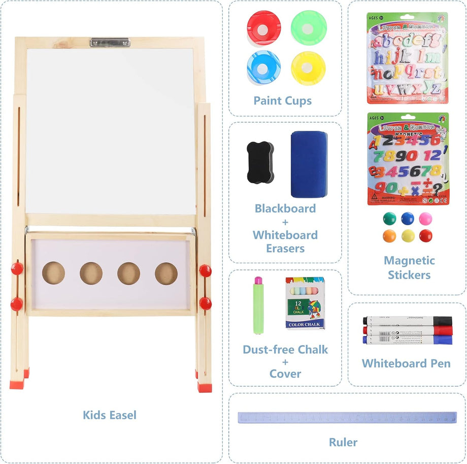Dripex Kids Easel, Children's Wooden Art Easel Foldable, Double-Sided Magnetic Blackboard & Whiteboard for Kids and Toddlers, Chalkboard with Painting Art Supplies