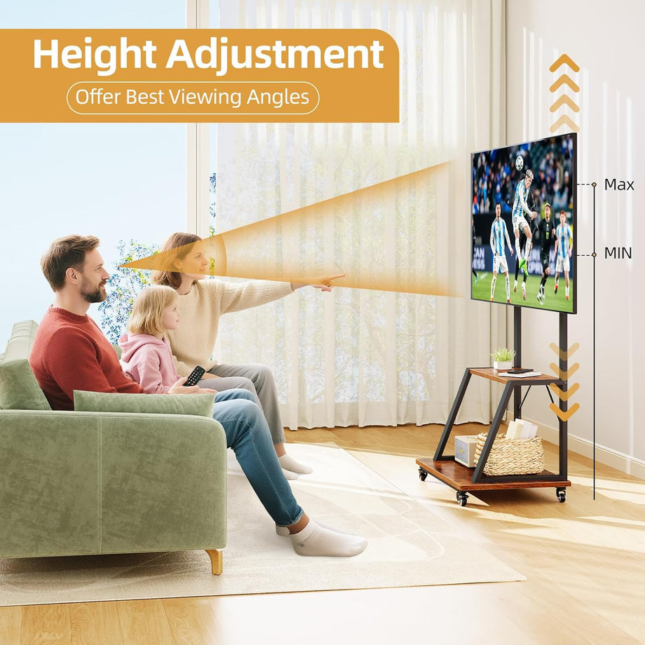 Dripex Mobile TV Stand on Wheels for 32-70 Inch TVs, Adjustable Height TV Cart with Bracket Mount max VESA 600x500mm max 80kgs with 2 Tier Storage Shelves for Bedroom, Living Room, Home Gym