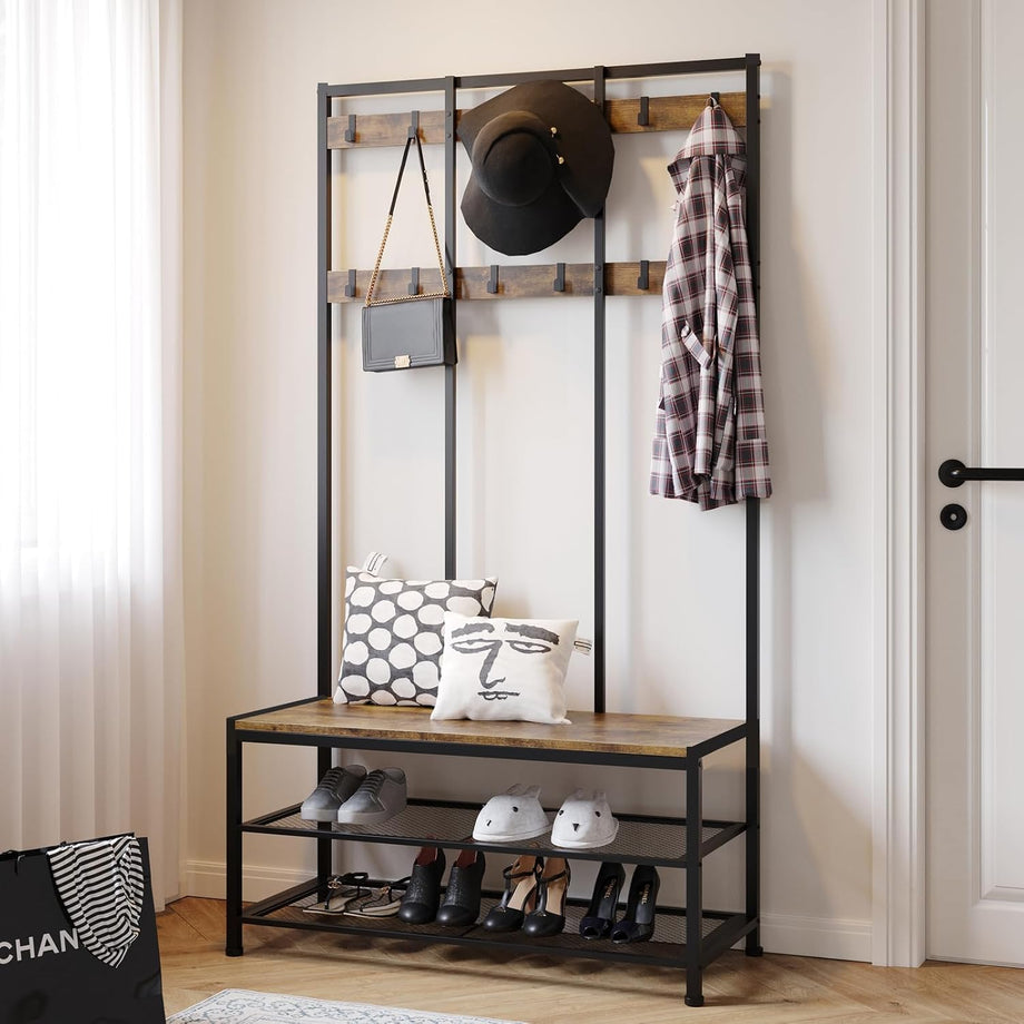 Dripex Large Coat Rack Stand Industrial Coat Stand with 12 Hooks and Shoe Bench Clothes Hat Rack Shelf Metal Frame for Bedroom Living Room Hallway