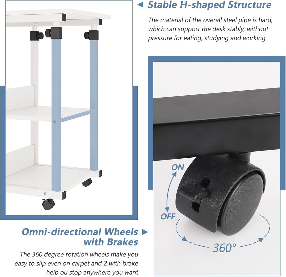 Dripex C Shaped Side Table, 80 x 40 x 68-89 cm Height Adjustable Overbed table with Wheels, Sofa Bedside Laptop Table with 2 Tiers Storage Shelves, Coffee Snack Table for Living Room, Bedroom