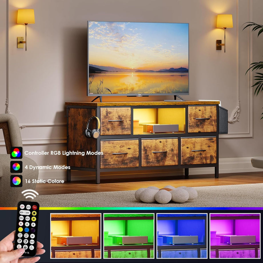 Dripex 100 x 35 x 50cm TV Cabinet Stand Unit for TVs up to 55 Inches with 5 Foldable Drawers Storage Organizers and Open Shelves with RGB LED Lighted TV Gaming Entertainment Center for Living Room