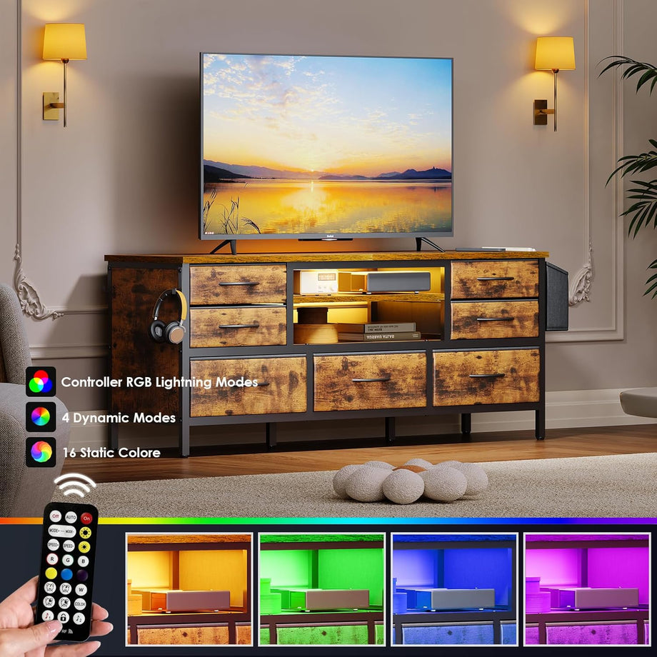 Dripex 120 x 35 x 50cm TV Cabinet Stand Unit for TVs up to 55 Inches with 7 Drawers Storage Organizers and Open Shelves with RGB LED Lighted TV Gaming Entertainment Center for Living Room
