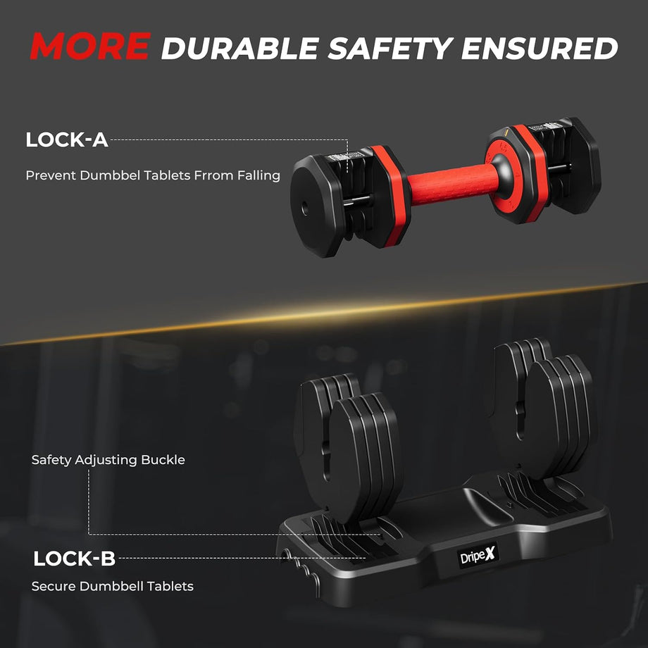 Dripex Adjustable Dumbbells 11kg/24.5kg Dumbbell Weights Pair for Men | Quick-Adjust Non-Slip Handle, Fast Weight Set for Saving Place, Home Gym Fitness Training, Safety Locking Mechanism