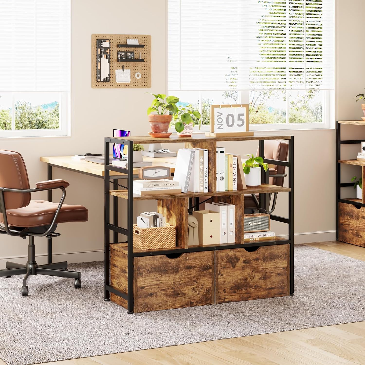 4 Tier Wooden Rustic Standing Shelves 100D x 33W x cm 5 Compartments &amp 2 Drawers Swivel Casters，Display Storage Shelf Steel Frame Low Bookcase Living Room or Office