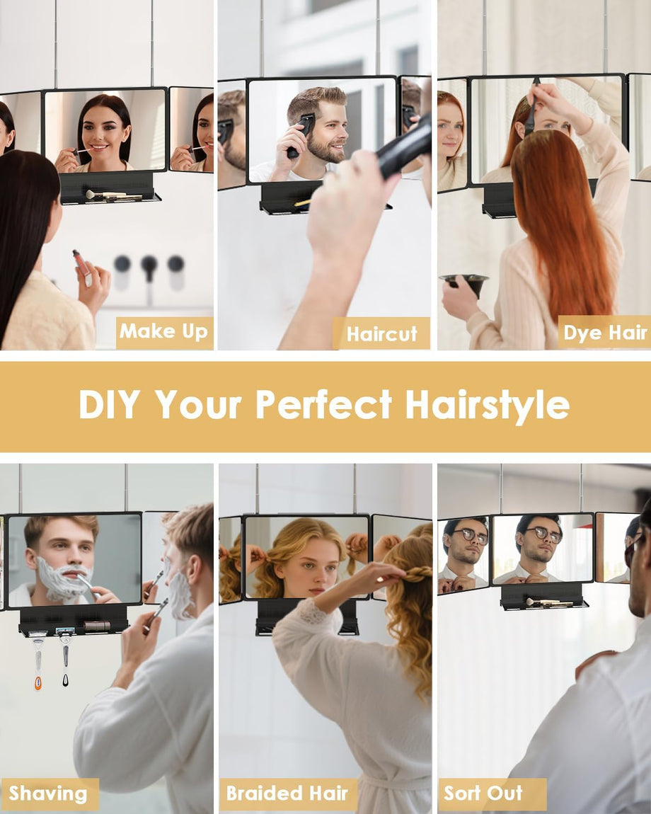 Dripex 3 Way Mirror with Storage Shelf, Trifold Self Haircut 360° Barber Mirror with Height Adjustable Hooks for Makeup, Styling, Shaving, Braiding, Dye Hair