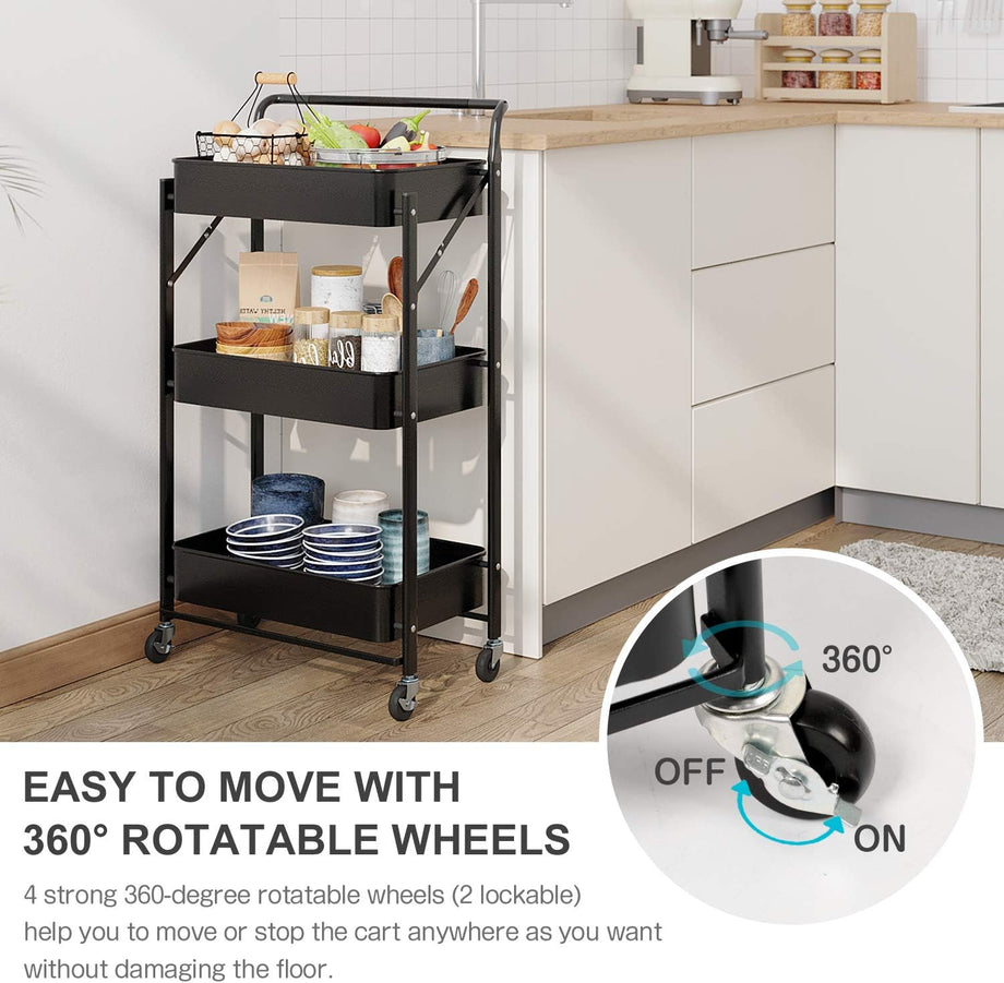Dripex Foldable Storage Trolley Cart, 3-Tier Metal Rolling Organizer Cart with Casters, Mobile Utility Service Cart for Kitchen Bathroom Office Laundry