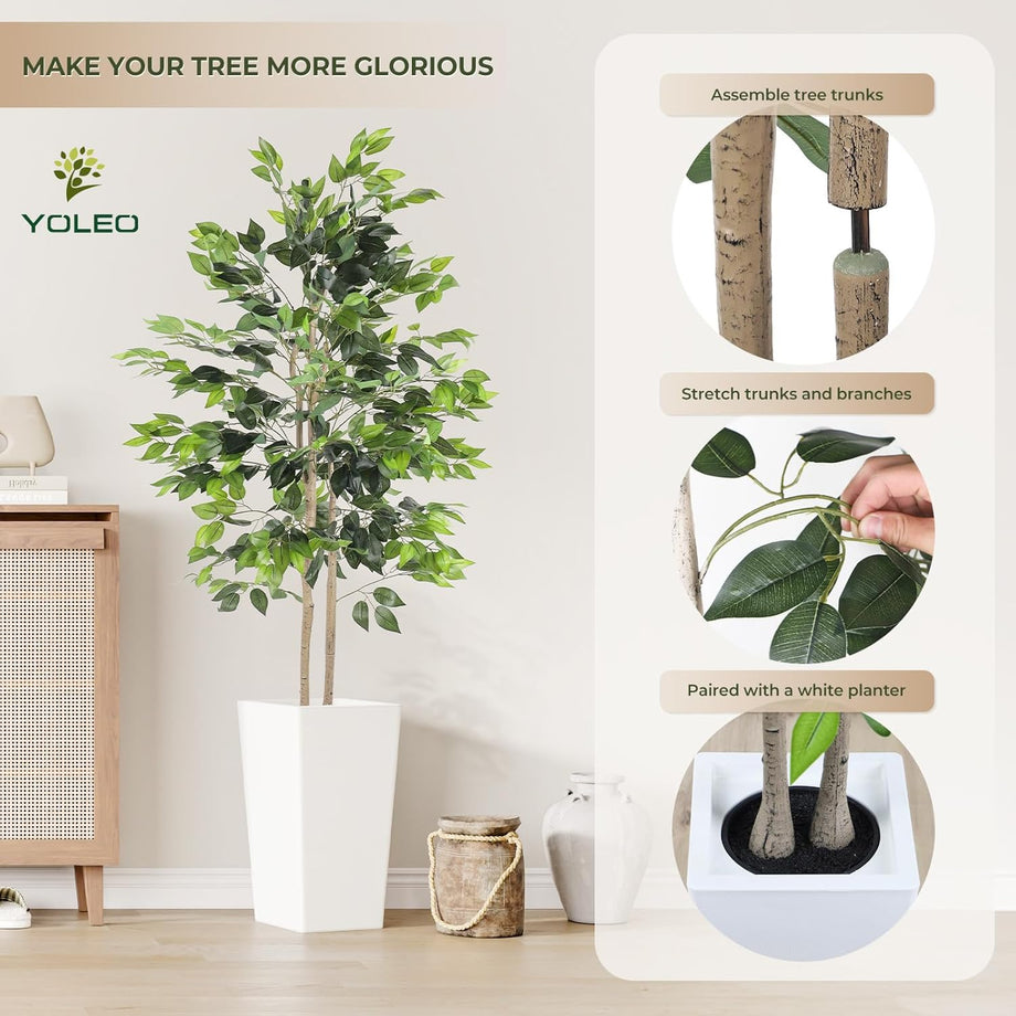 YOLEO 5FT/6FT Artificial Ficus Tree with White Tall Planter, Lifelike Fake Silk Tree Indoor, Faux Ficus Tall Plant for Living Room Bedroom Balcony Corner Office Decor