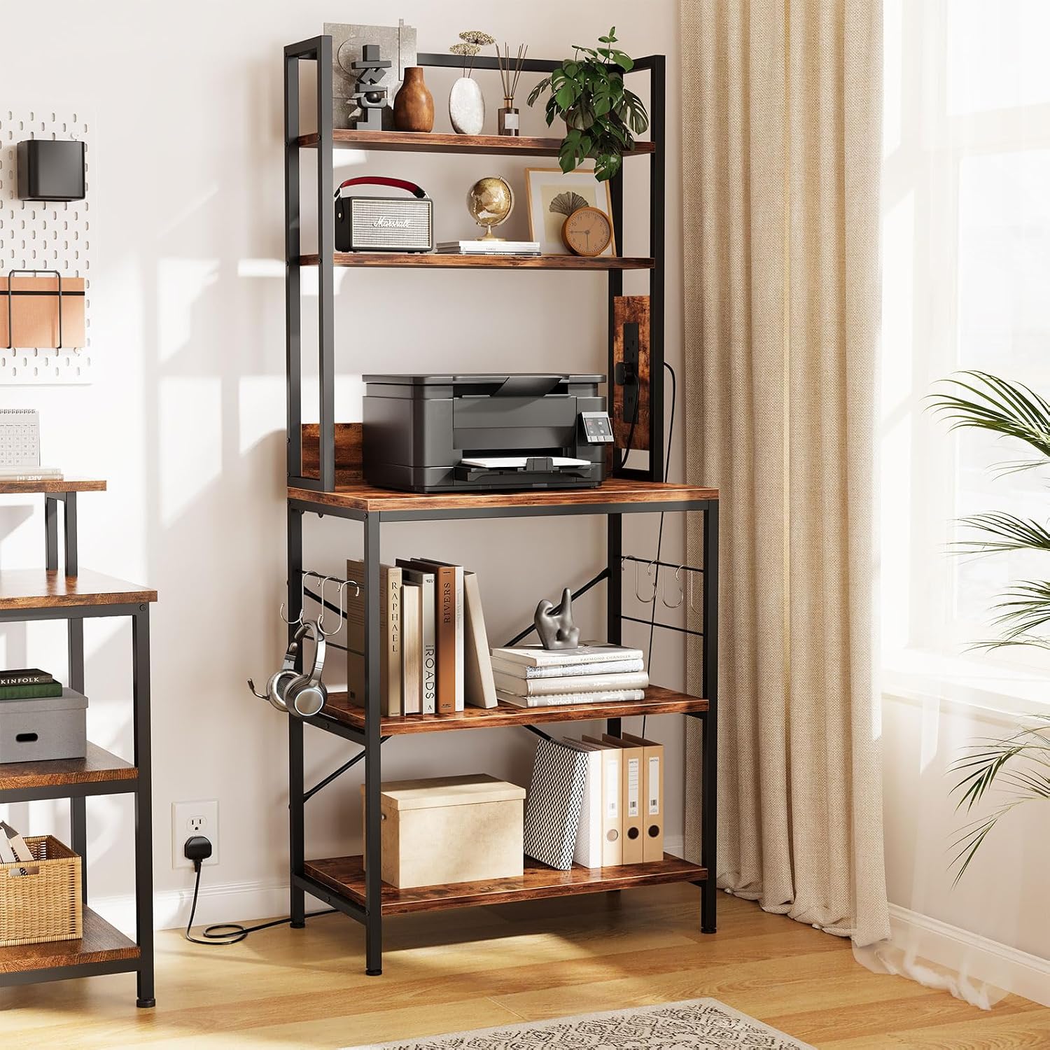 Baker's Rack 65" Freestanding Kitchen Storage Shelf Unit Hooks 5 Tier Versatile Standing Bookshelf Home
