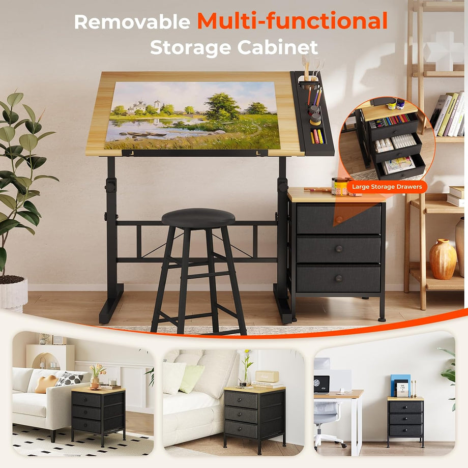 Dripex Adjustable Drafting Table, Tiltable Drawing Table with Stool, Art Craft Desk with Storage Drawers for Artwork, Computer Desk for Reading, Writing and Working at Home/Office