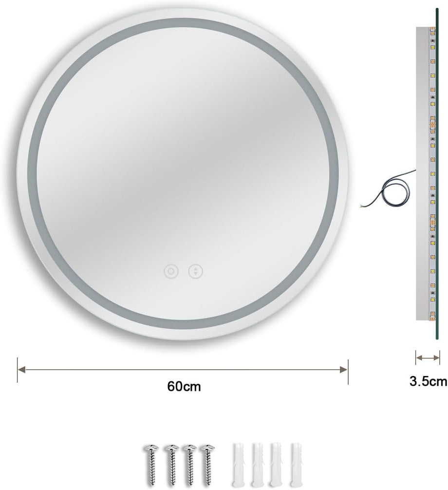 Dripex Round LED Bathroom Mirror, Illuminated Circle Makeup Vanity Mirror with Demister Pad, Anti-fog, 3 Lighting Modes, Dimmable, Wall Mounted, Front+Backlit, IP44