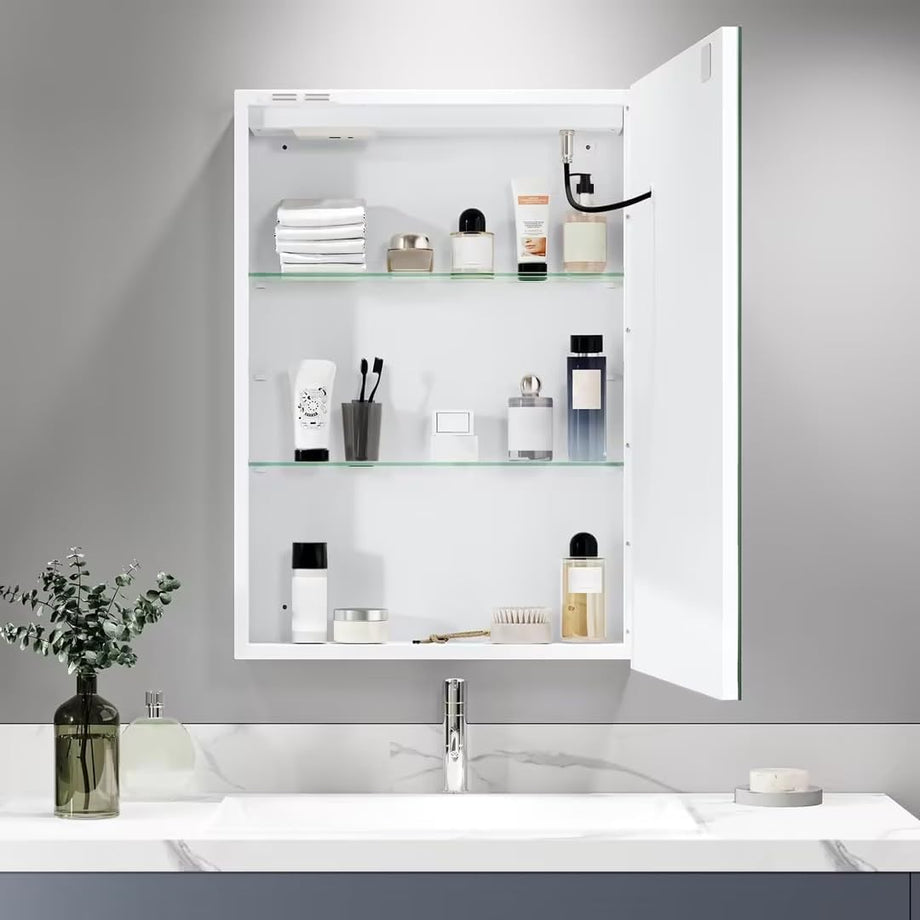 Dripex LED Bathroom Mirror Cabinet, Bathroom Mirror Cabinet with LED Lights Shaver Socket and Demister Pad, Non-contact Sensor Switch, White/Right hinge