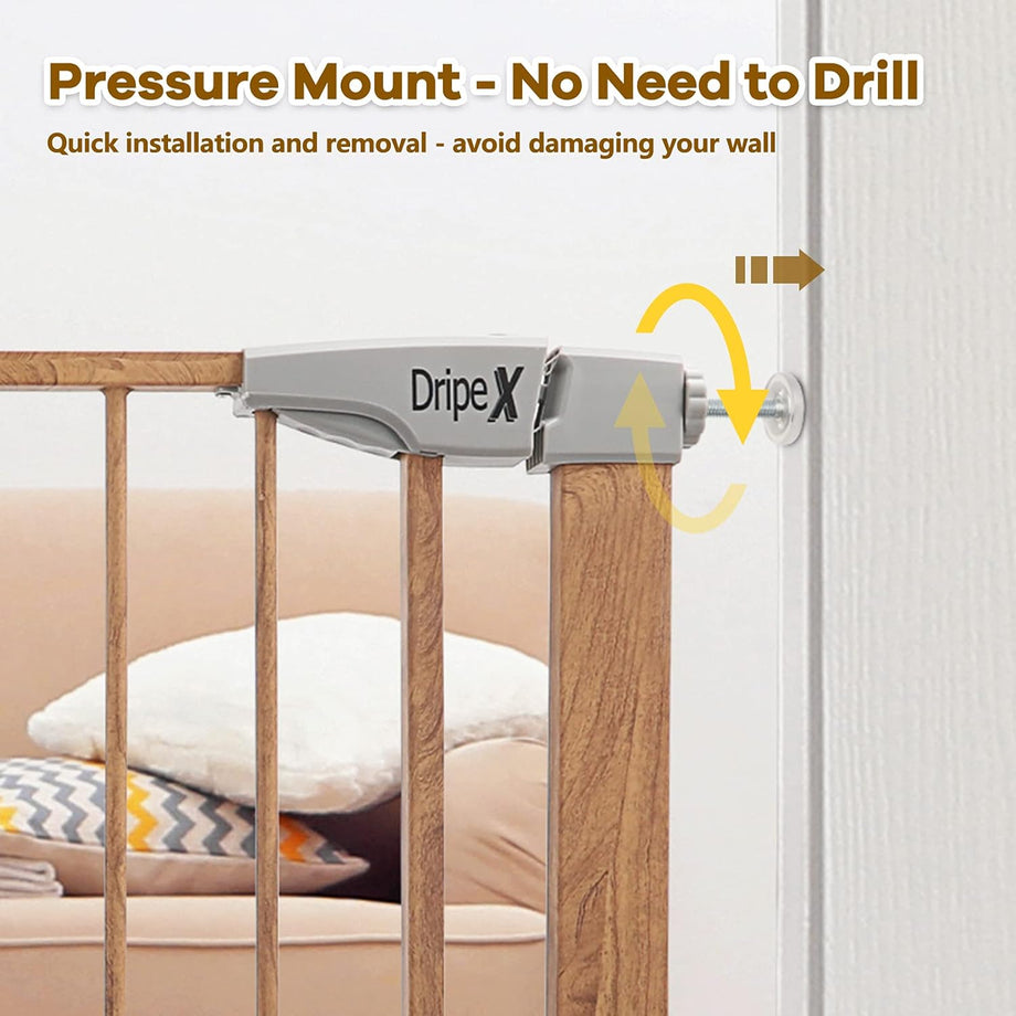 Dripex Stair Gate for Baby and Pet, Safety Pressure Fit, Metal Doors Stairs, Adjustable 75cm - 82cm, Auto Close Gate, One-Handed Operation-Wood Pattern Color