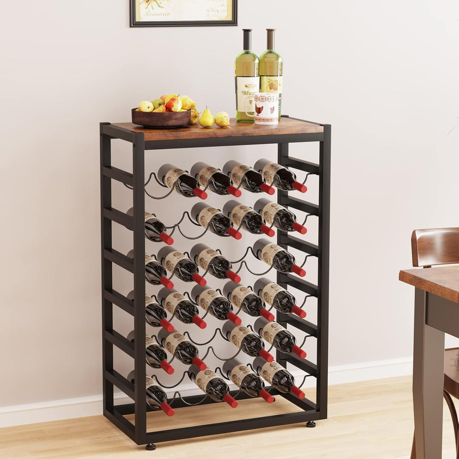 Dripex 30 Bottles Wine Rack Free Standing Floor, 6-Tier Display Wine Storage Shelves with Wooden Table Top, Sturdy Metal Bottle Holder for Kitchen Bar Pantry (L59 x W30 x H88cm)