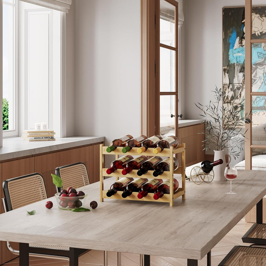 Dripex Bamboo Wine Rack, 12 Bottles Wine Holder Storage Shelf, 3-Tier Small Freestanding Bottle Wine Rack for Countertop, Kitchen, Bar, Cellar (40D x 22W x 32H cm)