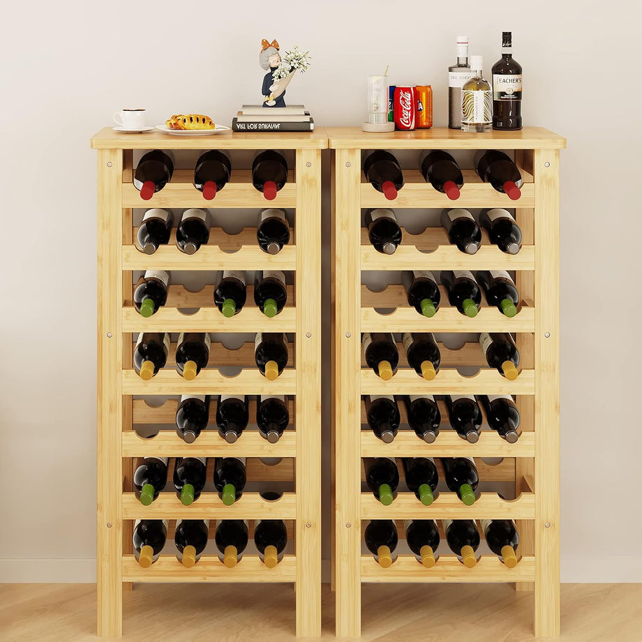 Dripex 7-Tier Bamboo Wine Rack Free Standing, 27 Bottles Wine Holder Display Storage Shelves with Table Top for Home, Kitchen, Pantry 47D x 29W x 102Hcm