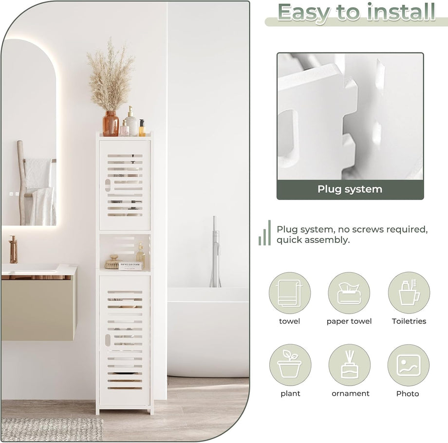 Dripex 7 Tier Tall Bathroom Floor Cabinet, 20W x 20D x 118H cm, Slim White Storage Cabinet with Door, Narrow Free Standing Cupboards Adjustable Shelves for Bathroom or Bedroom