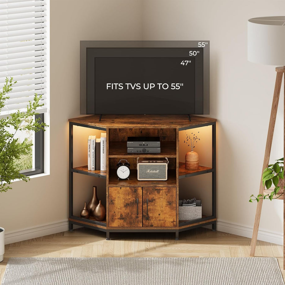 Dripex 105 x 50 x 79 cm Vintage Design TV Corner Cabinet with LED Lighting, Corner TV Unit Stand Table with 2 Doors and Shelves Entertainment Center Media Console for Living Room