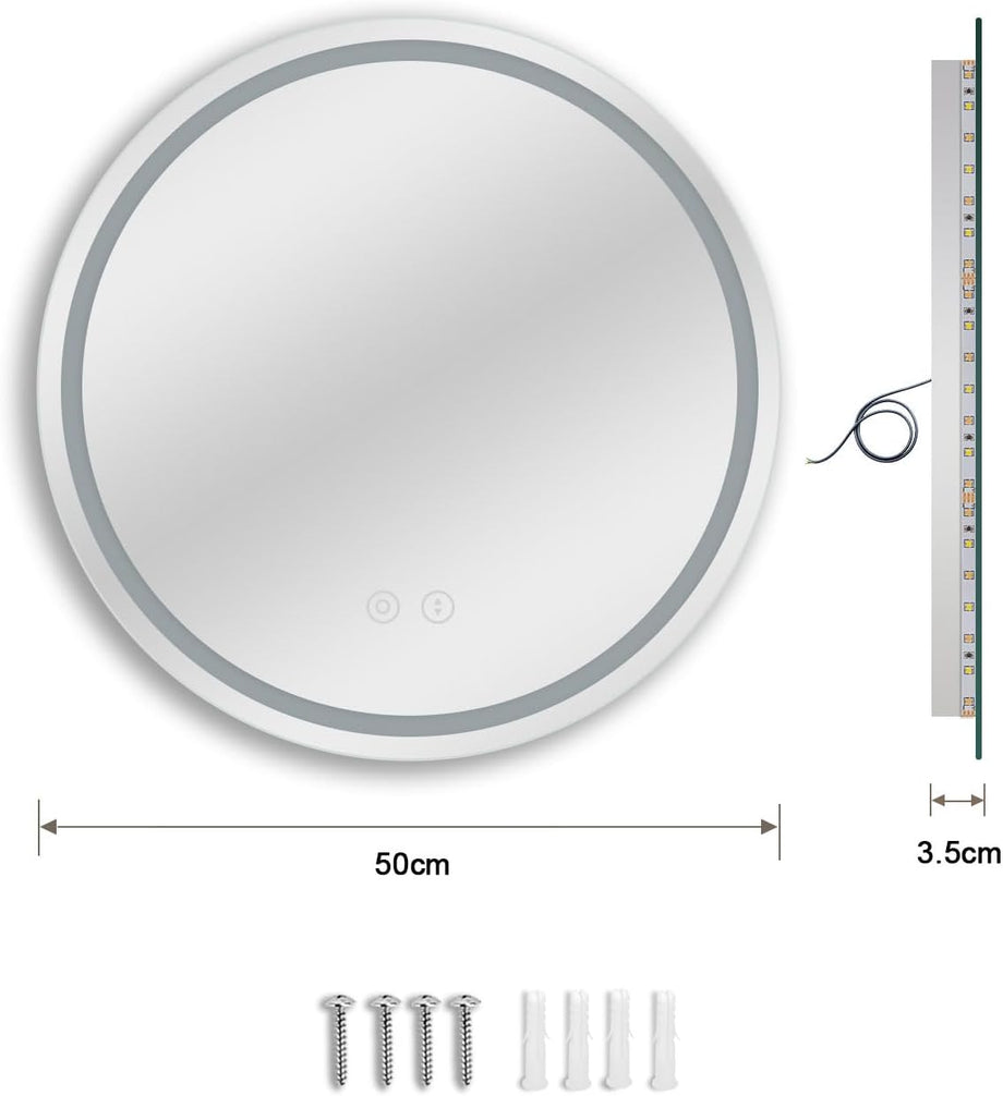 Dripex Round LED Bathroom Mirror, Illuminated Circle Makeup Vanity Mirror with Demister Pad, Anti-fog, 3 Lighting Modes, Dimmable, Wall Mounted, Front+Backlit, IP44