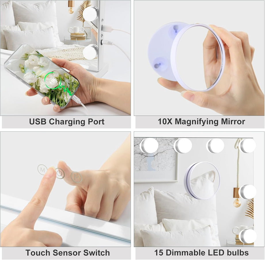 Dripex 14/15 Dimmable LED Bulbs Hollywood Vanity Mirror with Lights, Large Lighted Makeup Mirror, USB Cable, Touchscreen Control, Cosmetic Tabletop Mirror for Bedroom, Dressing Room