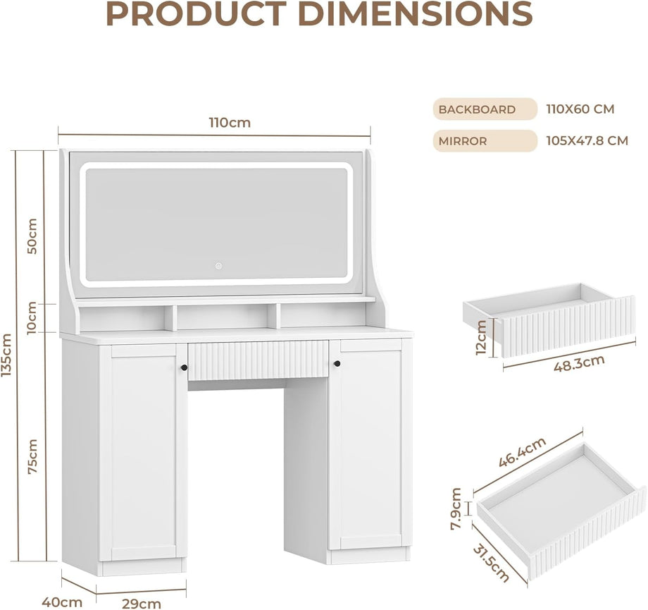 Dripex Dressing Table with Large Mirror and LED Lights, Bedroom Makeup Vanity Desk with Power Strip, 3-Color Dimmable Lights, 1 Drawer, 2 Cabinets, 3 Open Compartments, 110 x 40 x 135cm, White
