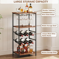 Dripex Wine Rack Free Standing Floor with Glass Holder, Storage Shelves, 2-Tier 6 Bottles Wine Display Shelves with Wooden Table Top, Sturdy Metal Bottle Holder for Kitchen Bar Pantry