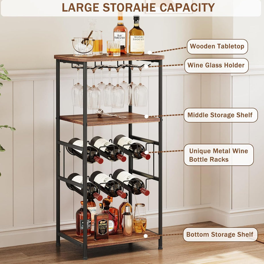 Dripex Wine Rack Free Standing Floor with Glass Holder, Storage Shelves, 2-Tier 6 Bottles Wine Display Shelves with Wooden Table Top, Sturdy Metal Bottle Holder for Kitchen Bar Pantry