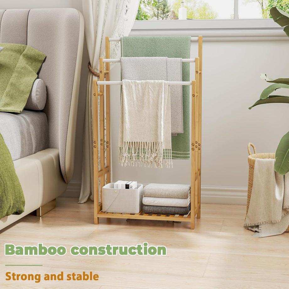 Dripex Freestanding Towel Rack, Towel Shawls Holder with Bamboo Storage Shelf, Stainless Steels Rods, Bamboo Frame, Lightweight, for Home, Bathroom (L46xW24xH66/76/86cm)/(L46xW24xH76/86/96cm)