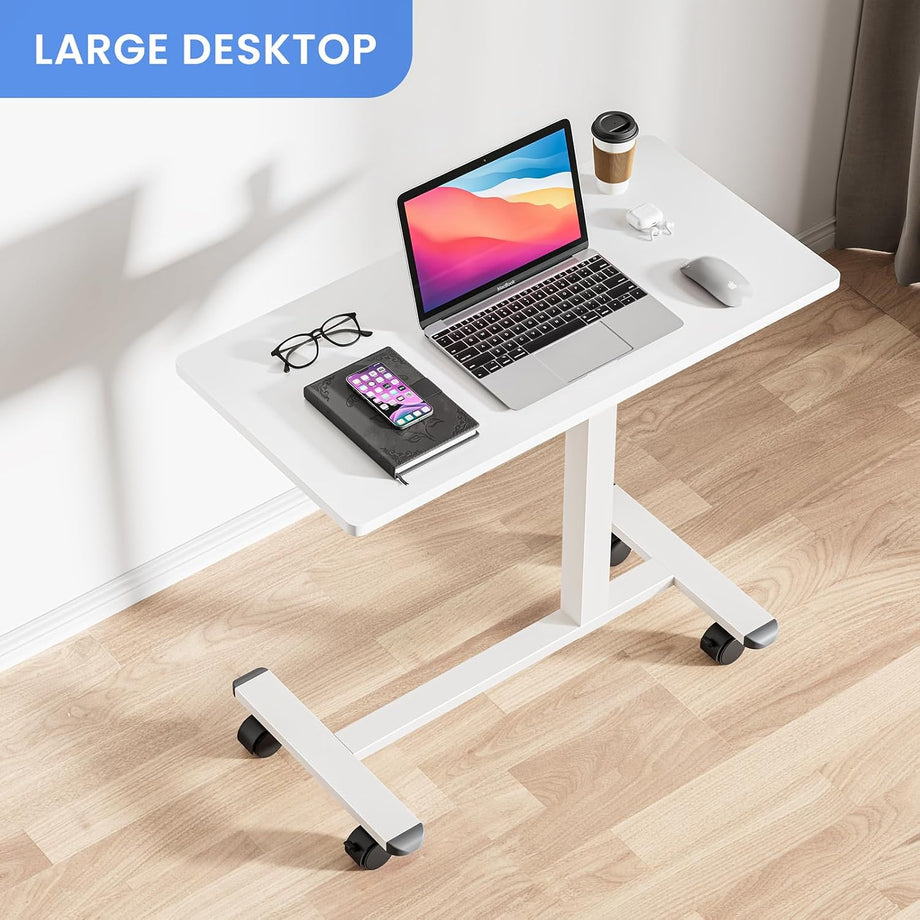 Dripex Pneumatic Height Adjustable Overbed Bedside Table with Wheels, 80 × 40 cm Standing C Shaped Laptop Desk, Small Rolling Bed & Sofa Side Table for Bedroom Living Room
