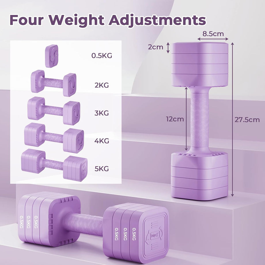 Dripex Adjustable Dumbbells Weight Set 2.5kg 5kg Dumbbell Pair 4-in-1 | Dumbbells Set Women Men, Sold as a Pair, Non-Slip Handle, Home Gym Fitness, Pink Blue Green Purple Yellow Black