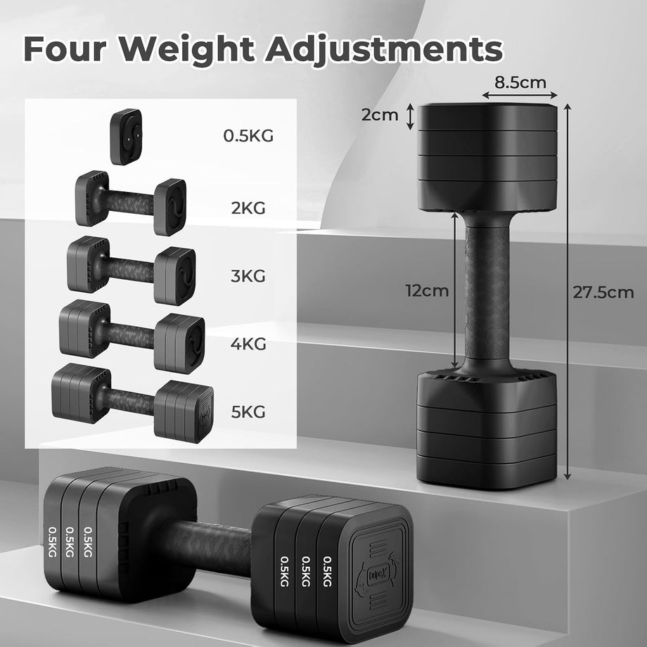 Dripex Adjustable Dumbbells Weight Set 2.5kg 5kg Dumbbell Pair 4-in-1 | Dumbbells Set Women Men, Sold as a Pair, Non-Slip Handle, Home Gym Fitness, Pink Blue Green Purple Yellow Black