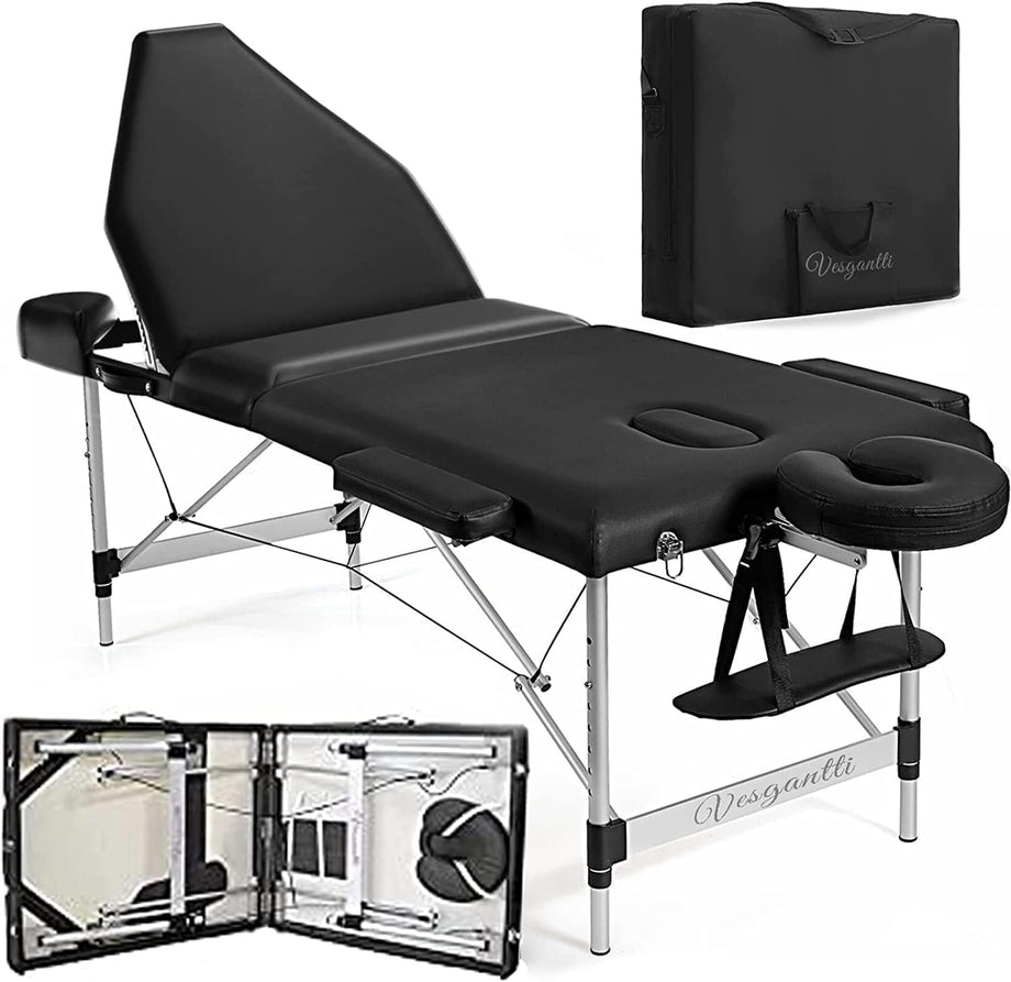 Vesgantti Portable Massage Bed Table - 3-Section Aluminum Foldable Beauty Couch for Reiki Therapy Treatment Salon Healing - Metal Headrest Support/with Carry Bag (Black)