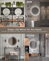 Dripex 500 mm Round Bathroom Mirror with LED Light, Wall Mounted Circle Makeup Mirror with Cold White Light, Anti-Fog, Front+Backlit, IP44