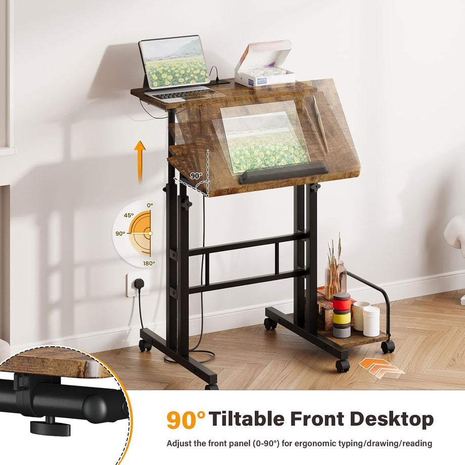 Dripex Standing Desk, Height Adjustable Rolling Desk with Tilting Table Top, Sit-Stand Workstation with Wheels, 60 x 60 cm, laptop Table, Workstation for Home and Office